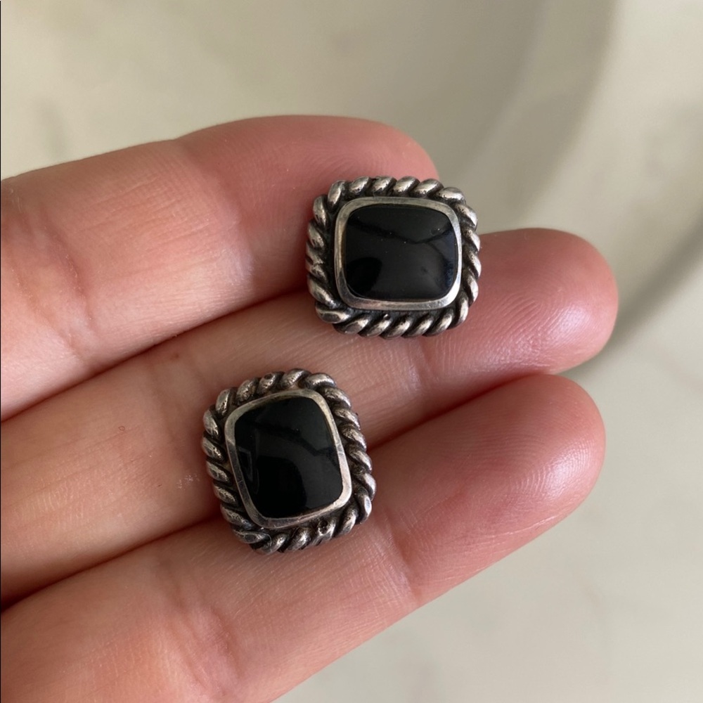 Vintage Square Sterling Silver Onyx Earring 925